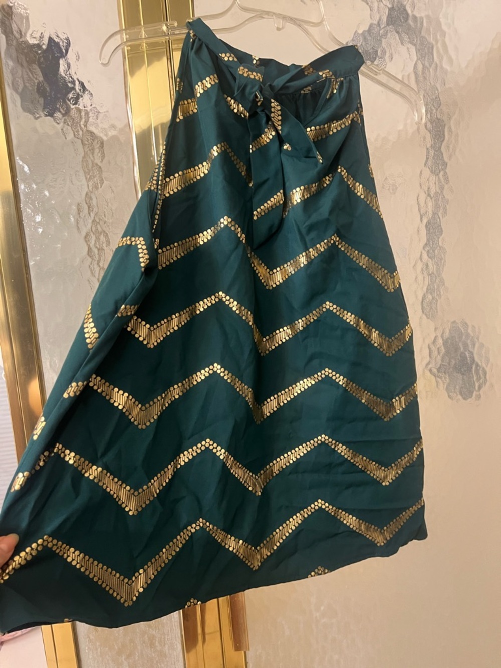 New SHEIN dark green & gold Chevron pattern  halter neck tie sleeveless top XL